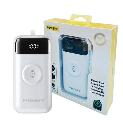 PISEN Flex 22.5W CCC-Certified 10K (10000mAh) Power Bank + Integrated Cable (Lightning + USB-C) + Watch Wireles