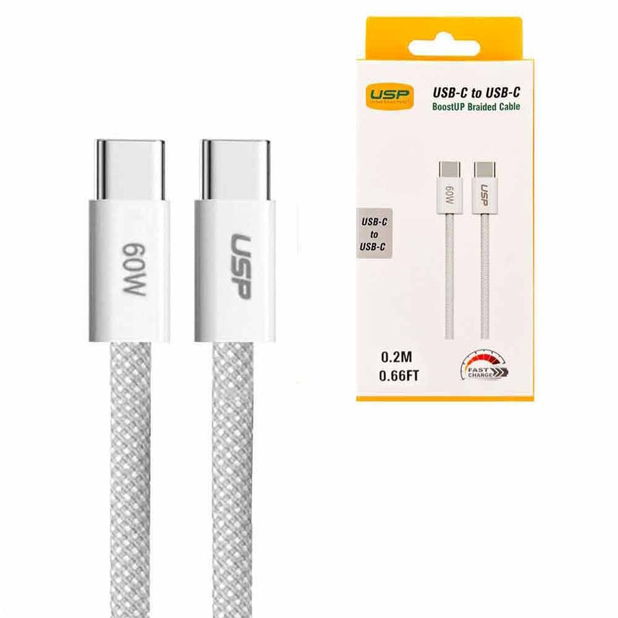 USP BoostUp Braided USB-C to USB-C Cable (0.2M) - White