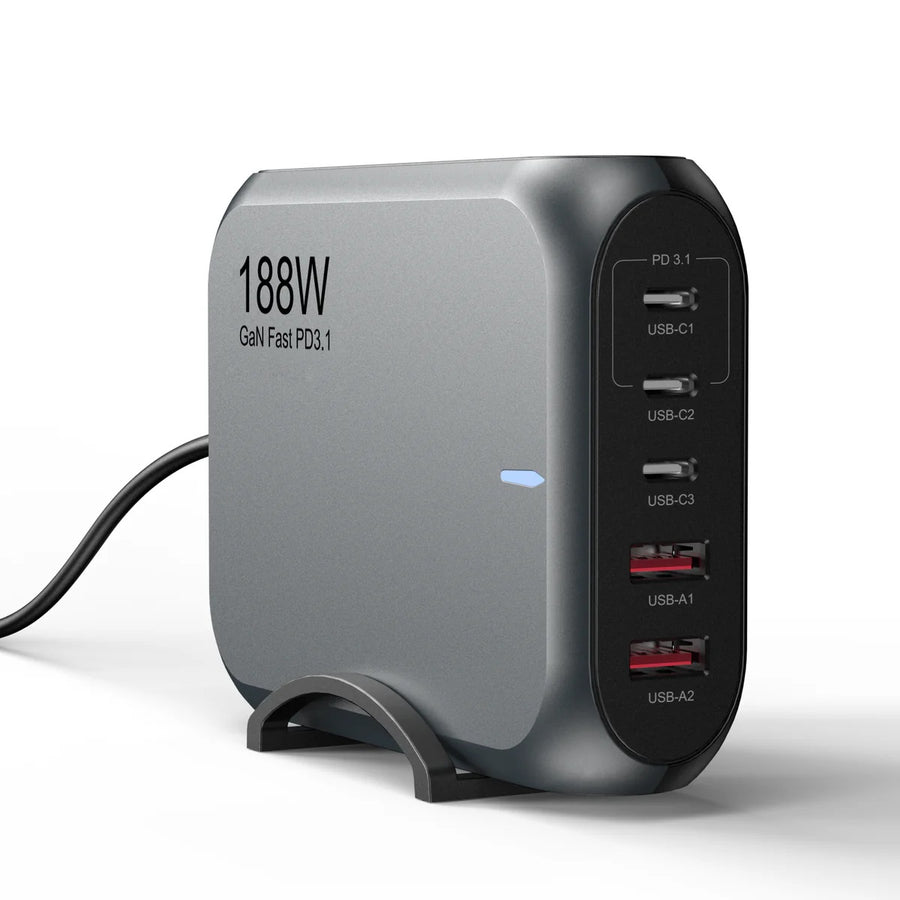 USP 188W GaN 5 Ports USB-C PD Laptop Wall Charger Black - 3x USB-C