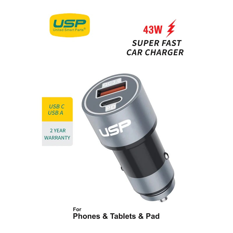 USP 43W Dual Port Car Charger (USB-C PD 25W + USB-A QC 3.0) – Silver
