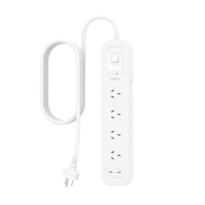 Belkin SurgePlus 4-Outlet Surge Protector With 2x USB -C Port(30W) (SRB005AU2M) - Heavy Duty 2M Power Cord