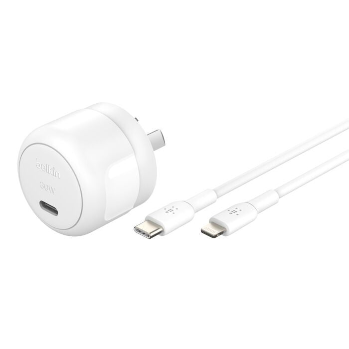 Belkin BoostCharge Compact 30W USB-C (PD 3.1) Wall Charger + USB-C to Lightning Cable - White (WCA008au1MWH-B5)