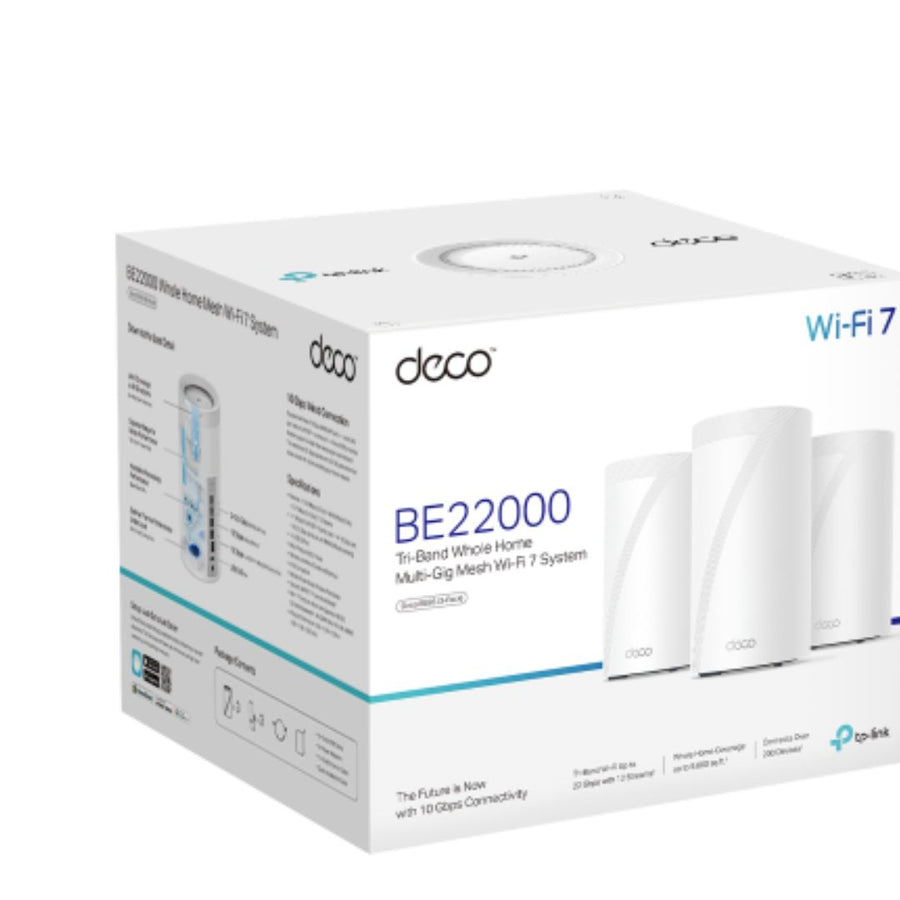 TP-LINK Deco BE85(3-pack) BE22000 Tri-Band Whole Home Mesh Wi-Fi 7 System (WIFI7) 1376 Mbps at 2.4 GHz + 8640 Mbps