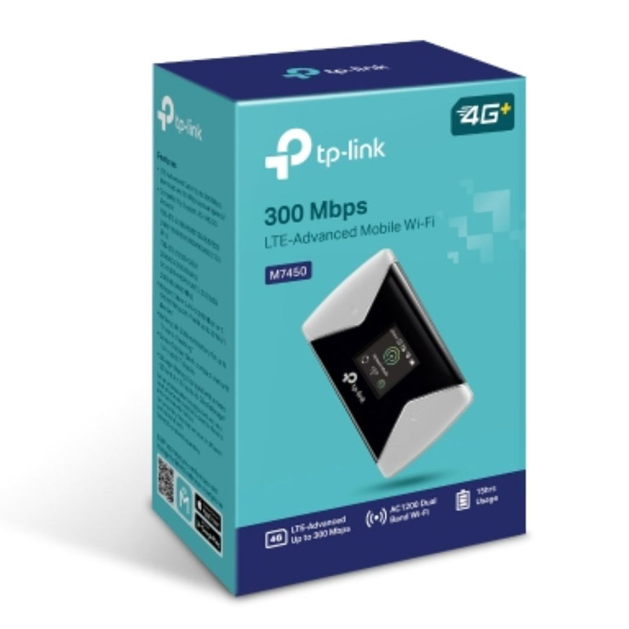 TP-LINK M7450 4G-LTE Mobile Wi-Fi 300Mbps DL 50Mbps UL 4G SIM Card + microSD Slot 3000mAh 15hrs Rechargeable