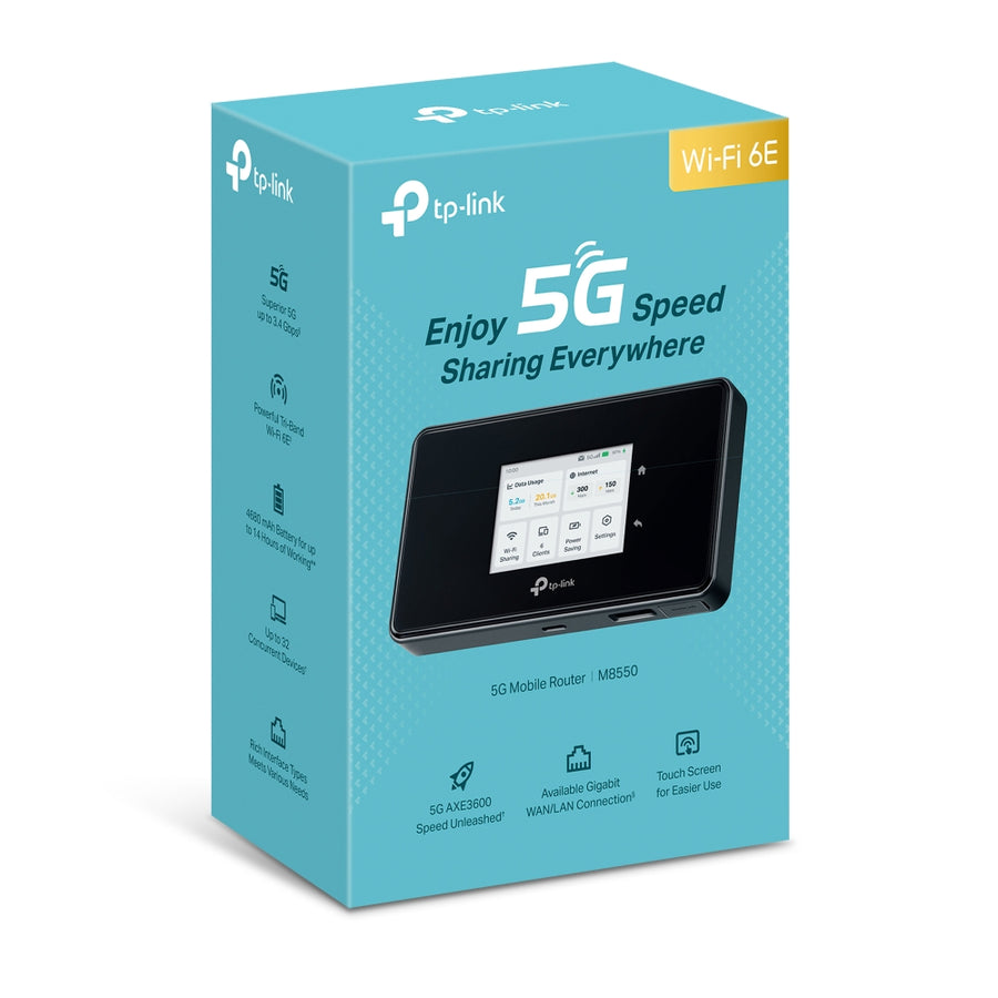 TP-LINK M8550 5G Mobile Wi-Fi, 2880 Mbps at 6 GHz or 2880 Mbps at 5 GHz 688 Mbps at 2.4 GHz