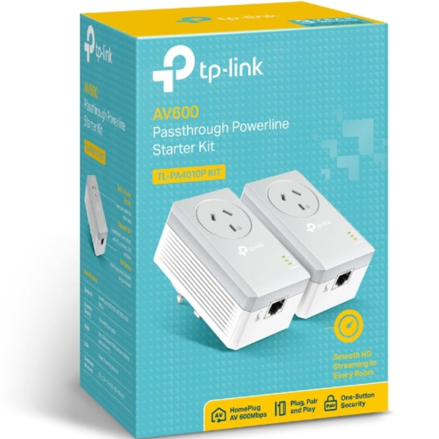 TP-LINK TL-PA4010P KIT AV600 Powerline Adapter with AC Pass Through Starter Kit 600Mbps HomePlug AV 1x100Mbps LAN