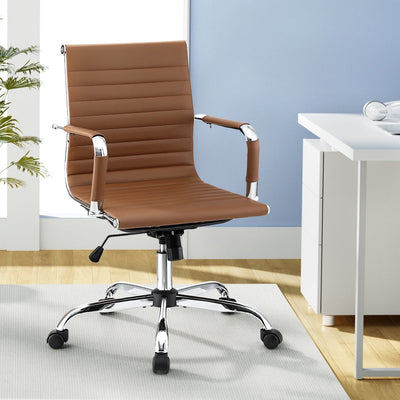 NNEDSZ Artiss Office Chair Conference Chairs PU Leather Mid Back Brown-0