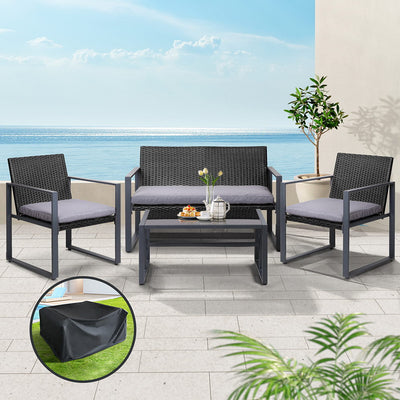 NNEDSZ Gardeon 4 PCS Outdoor Sofa Set Rattan Furniture with Storage Cover Chairs Black-0