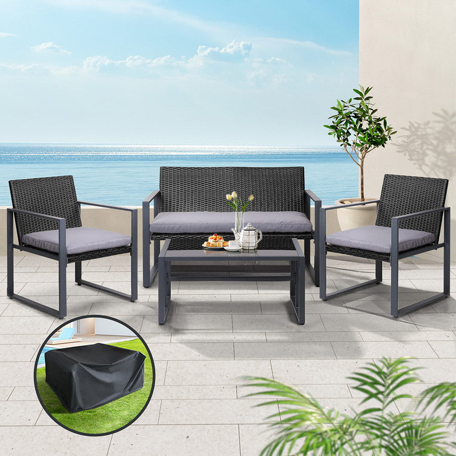 NNEDSZ Gardeon 4 PCS Outdoor Sofa Set Rattan Furniture with Storage Cover Chairs Black-0