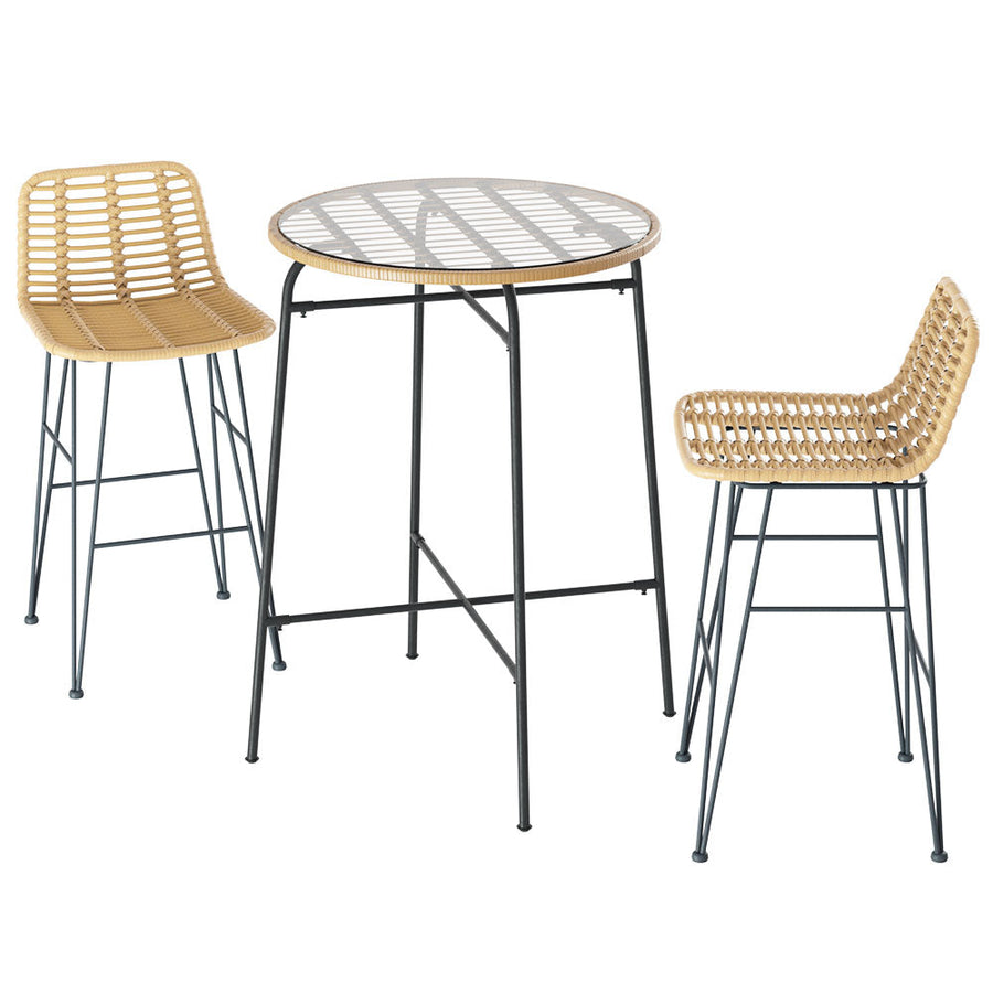 NNEDSZ Gardeon 3-Piece Outdoor Bar Set Wicker Table Chairs Patio Bistro-0