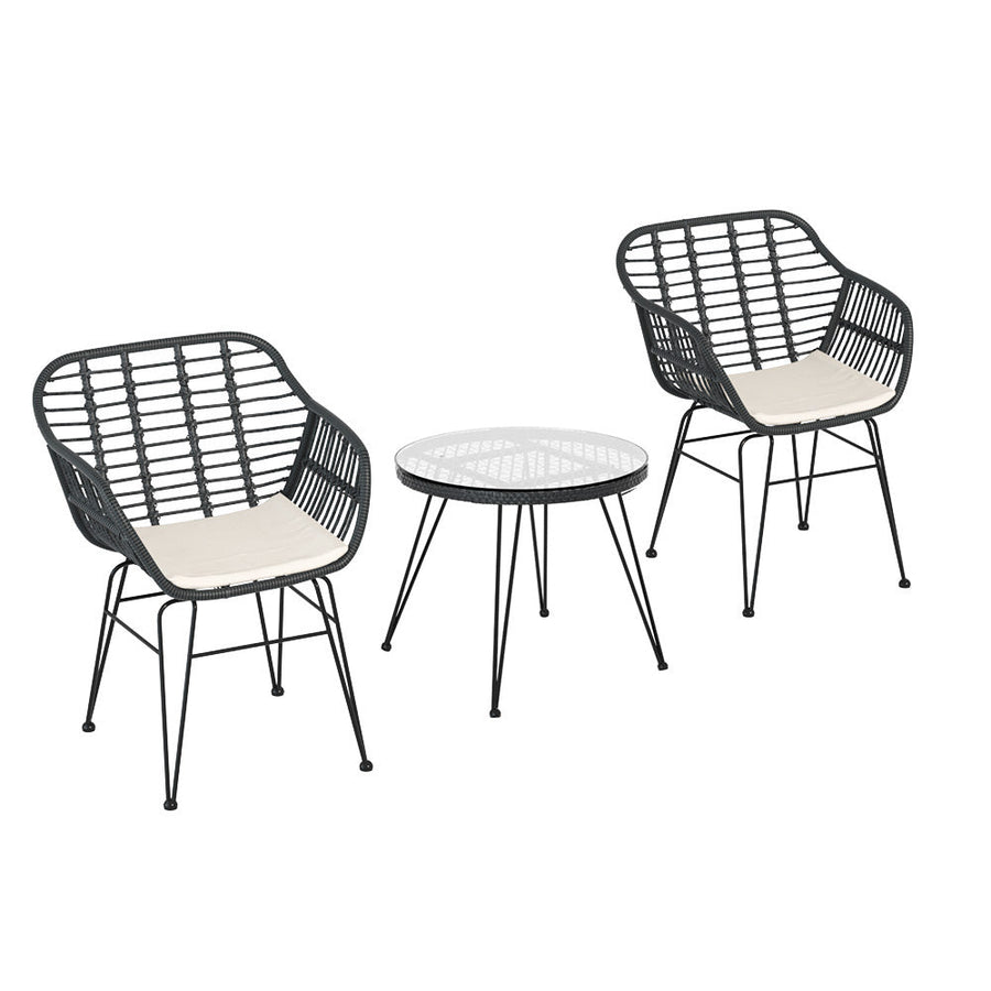 NNEDSZ 3PC Outdoor Furniture Bistro Set Lounge Setting Table Chairs Cushion Patio Grey-0