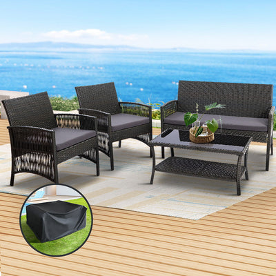NNEDSZ Gardeon 4PCS Outdoor Sofa Set with Storage Cover Wicker Harp Chair Table Grey-0