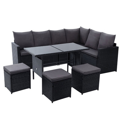 NNEDSZ Outdoor Furniture Dining Setting Sofa Set Wicker 9 Seater Storage Cover Black-0