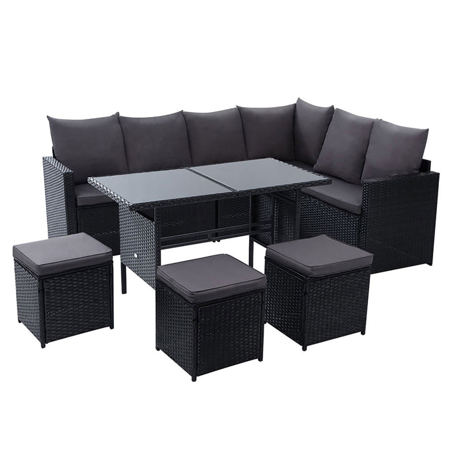 NNEDSZ Outdoor Furniture Dining Setting Sofa Set Wicker 9 Seater Storage Cover Black-0