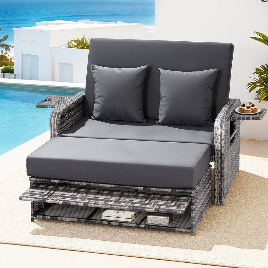 Gardeon Outdoor Day Bed Sun Lounge Setting Wicker Lounger Patio Furniture Grey-0