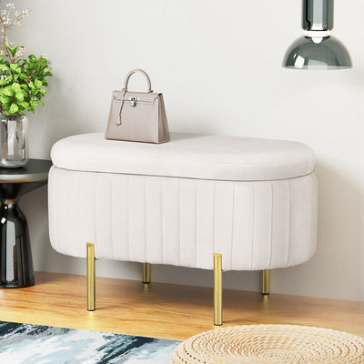 NNEDSZ Artiss Storage Ottoman Blanket Box 87cm Velvet Oval White-0