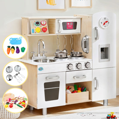 Keezi Kids Wooden Pretend Kitchen Playset with 29pc Cutting Food Set