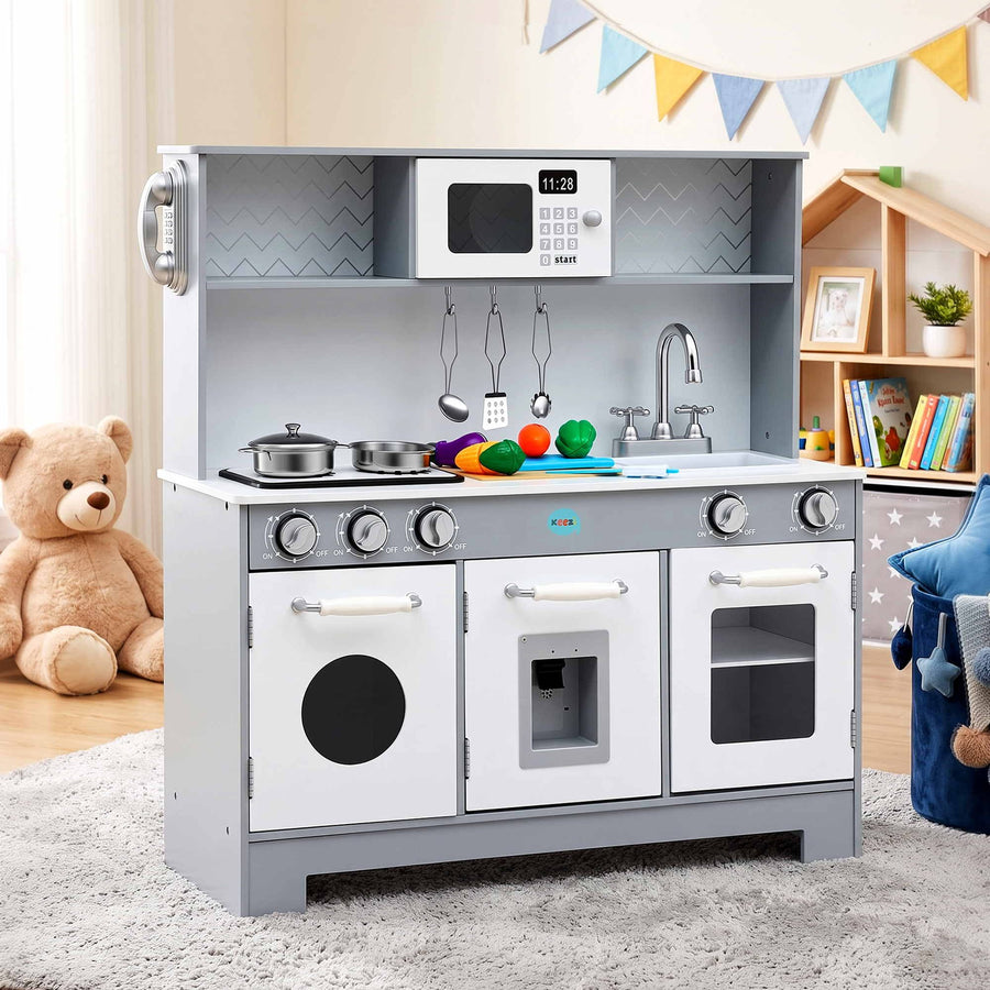 Keezi Wooden Play Kitchen Pretend Kitchen 82cm Kids Toy Food Set Grey