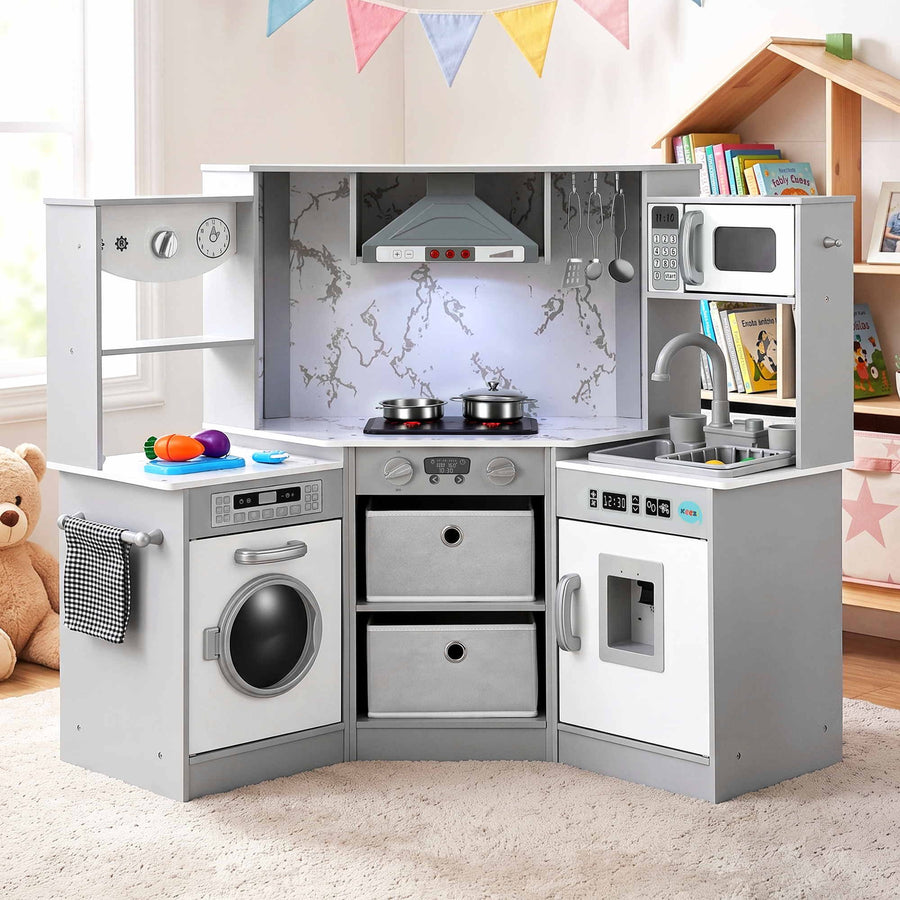 Keezi 112cm Wooden Pretend Kitchen Playset Kids Toy Sink Stove Grey