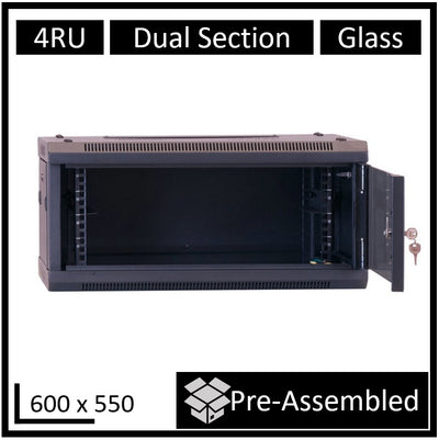 LDR Assembled 4U Hinged Wall Mount Cabinet (600mm x 550mm) Glass Door - Black Metal Construction - Top Fan Vents