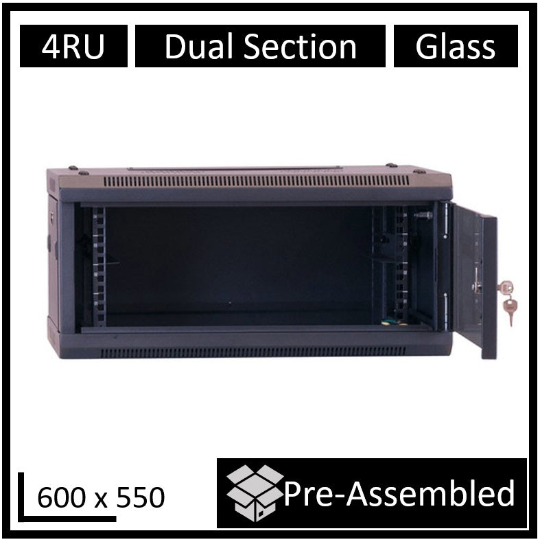 LDR Assembled 4U Hinged Wall Mount Cabinet (600mm x 550mm) Glass Door - Black Metal Construction - Top Fan Vents