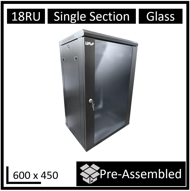 LDR Assembled 18U Wall Mount Cabinet (600mm x 450mm) Glass Door - Black Metal Construction - Top Fan Vents - Side