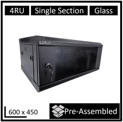 LDR Assembled 4U Wall Mount Cabinet (600mm x 450mm) Glass Door - Black Metal Construction - Top Fan Vents - Side