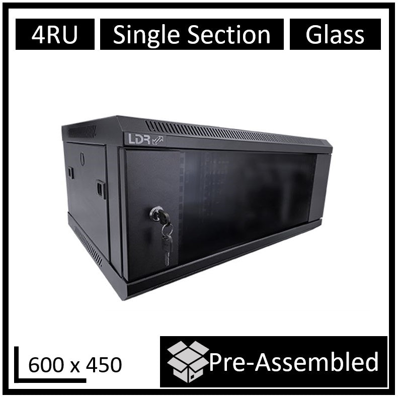 LDR Assembled 4U Wall Mount Cabinet (600mm x 450mm) Glass Door - Black Metal Construction - Top Fan Vents - Side