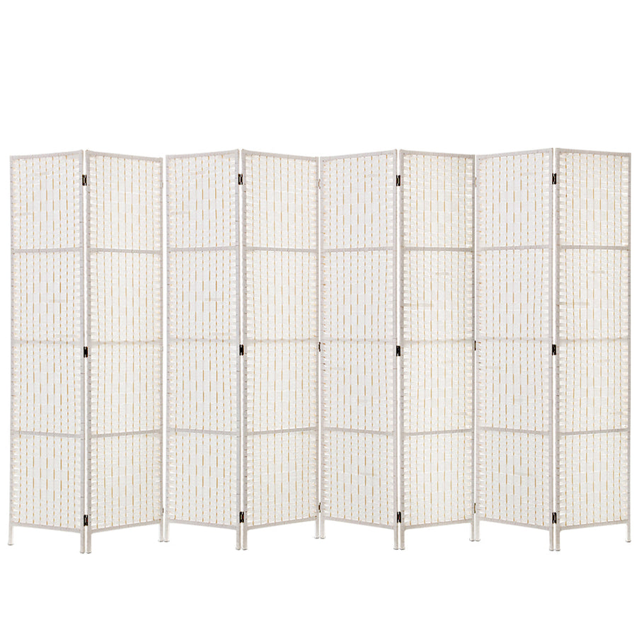 NNEDSZ 8 Panels Room Divider Screen Privacy Rattan Timber Fold Woven Stand White-0