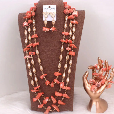 Dudo African Jewellery Sets for Women 2023 Nature Coral +Crystal Beads Long Design
