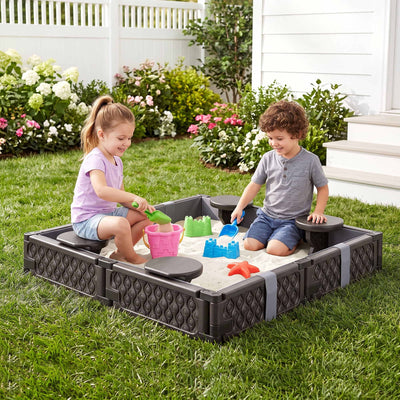 Keezi Kids Sandpit Sandbox With Cover 4 Seats Outdoor Sand Box Brown