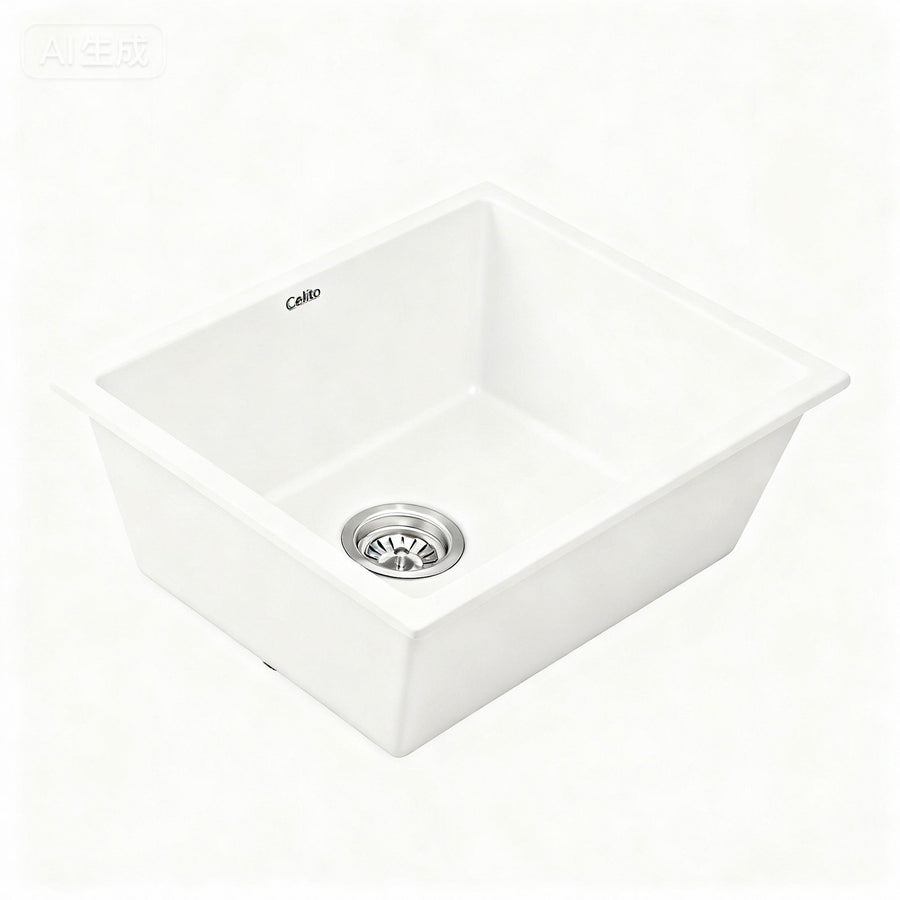 Cefito Kitchen Sink 55x45cm Granite Stone Sink Single Bowl White-0
