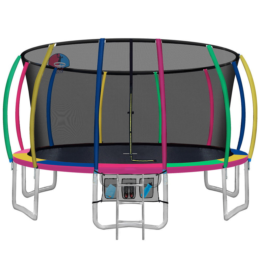 NNEDSZ 16FT Trampoline Round Trampolines With Basketball Hoop Kids Present Gift Enclosure Safety Net Pad Outdoor Multi-coloured-0