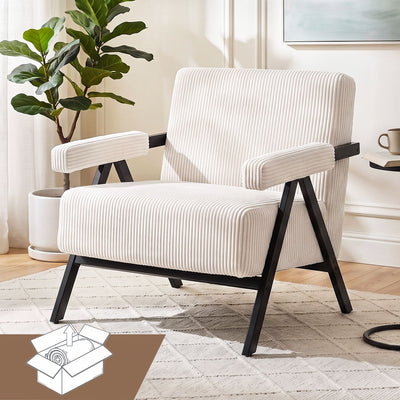 Artiss Compressed Armchair White Corduroy Accent Chair for Small Space