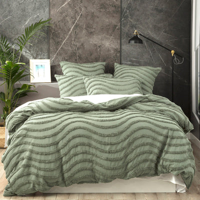 NNEDSZ Chenille Wave 100% Cotton Vintage Washed Sage Tufted Quilt Cover Set by Cloud Linen King-0
