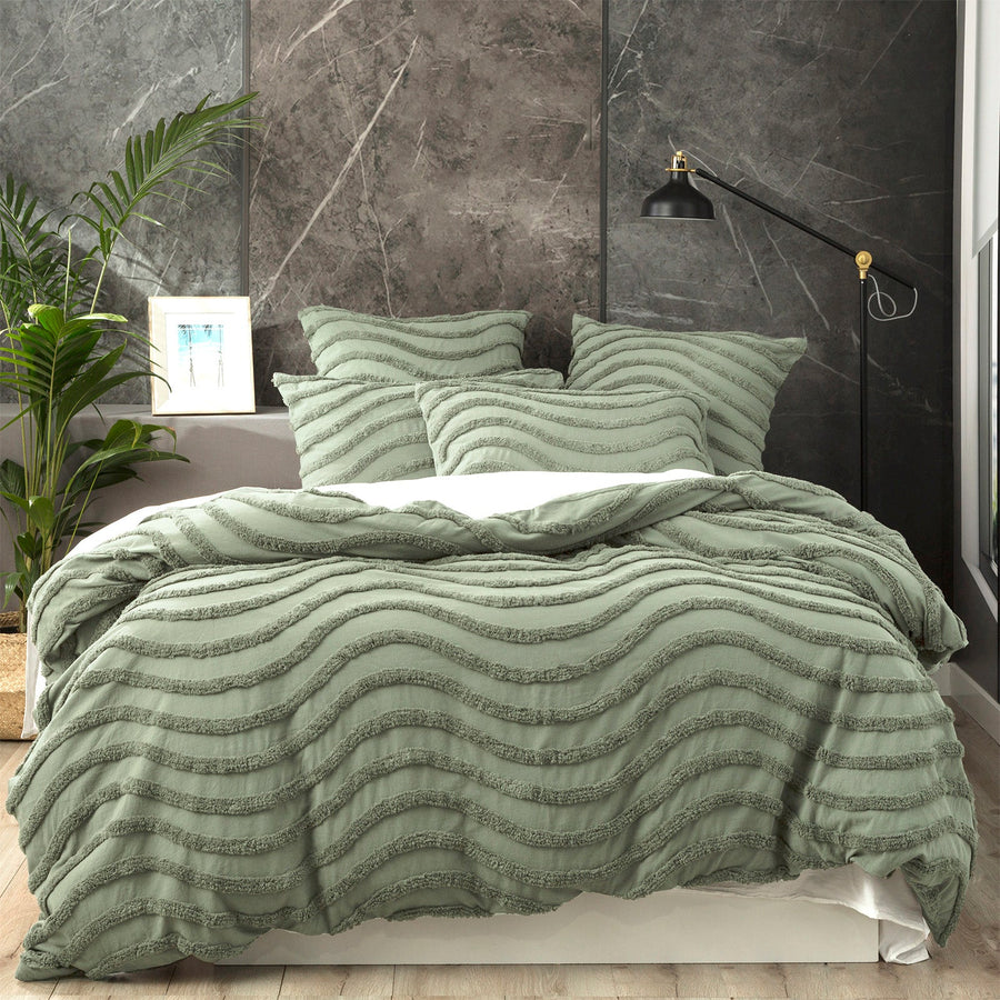 NNEDSZ Chenille Wave 100% Cotton Vintage Washed Sage Tufted Quilt Cover Set by Cloud Linen King-0