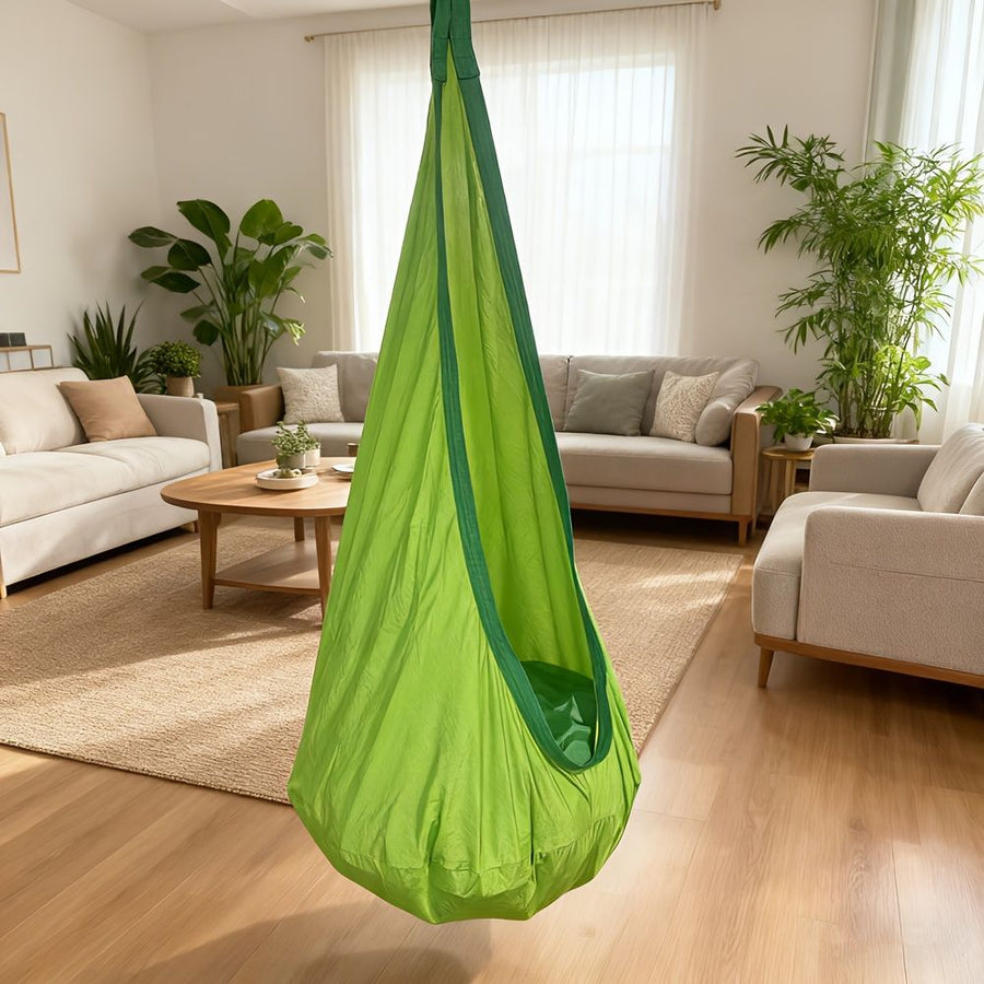 hanging hammock chair, indoor hammock chair, outdoor hammock chair, inflatable pillow, pocket, relaxation, playtime, Christmas gift, Halloween gift, lounge chair - Green - Size 160-70cm