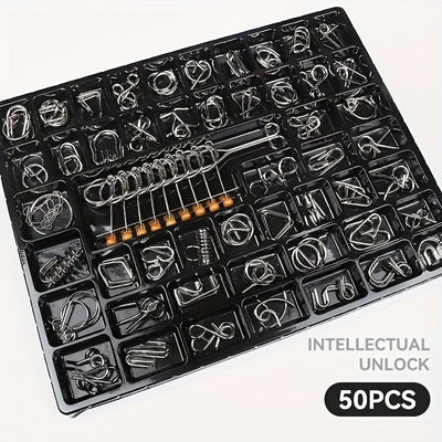 50 piece metal puzzle set, intellectual unlock puzzle, birthday gift, Christmas gift, New Year gift, brain teaser puzzles, problem solving puzzles, metal brain teaser, unlock puzzle set, Australian puzzle - Black - Size 50pcs set