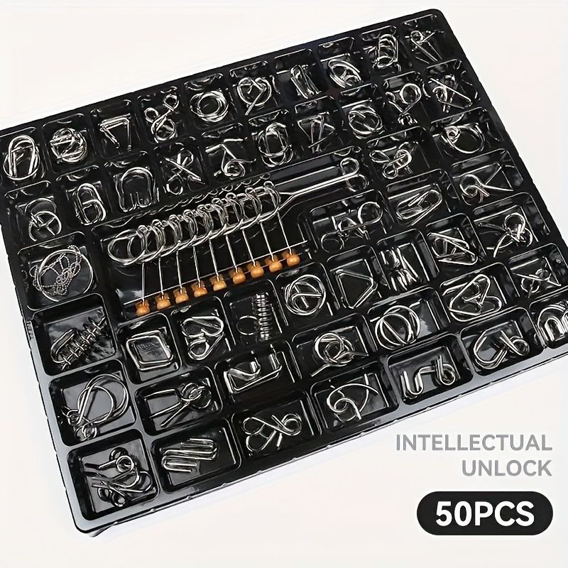 50 piece metal puzzle set, intellectual unlock puzzle, birthday gift, Christmas gift, New Year gift, brain teaser puzzles, problem solving puzzles, metal brain teaser, unlock puzzle set, Australian puzzle - Black - Size 50pcs set