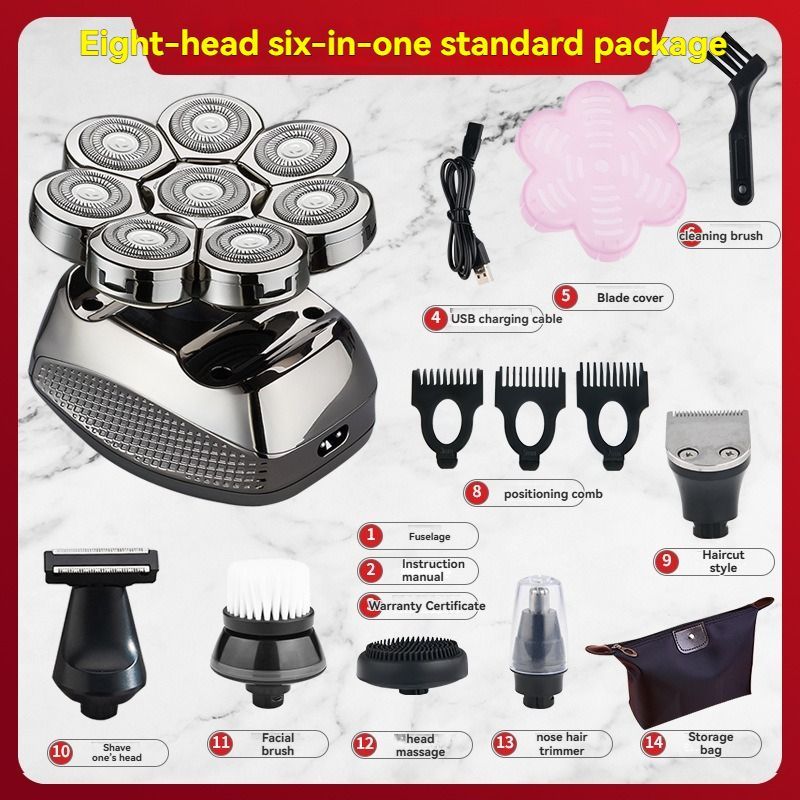 8 blade head shaver, bald head trimmer, hair trimmer for men, grooming tool, USB rechargeable shaver, head shaver Australia, bald head grooming kit - Silver - Size SET