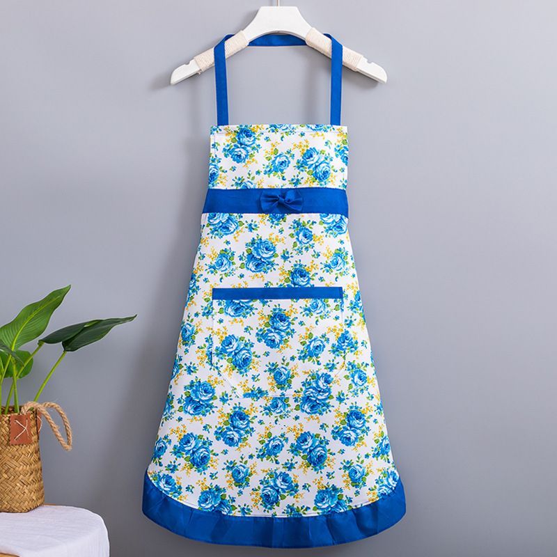 Korean-style apron, floral apron, women's apron, breathable apron, oil-proof apron, kitchen apron, apron set, adjustable apron, gift for cook - Blue - Size M