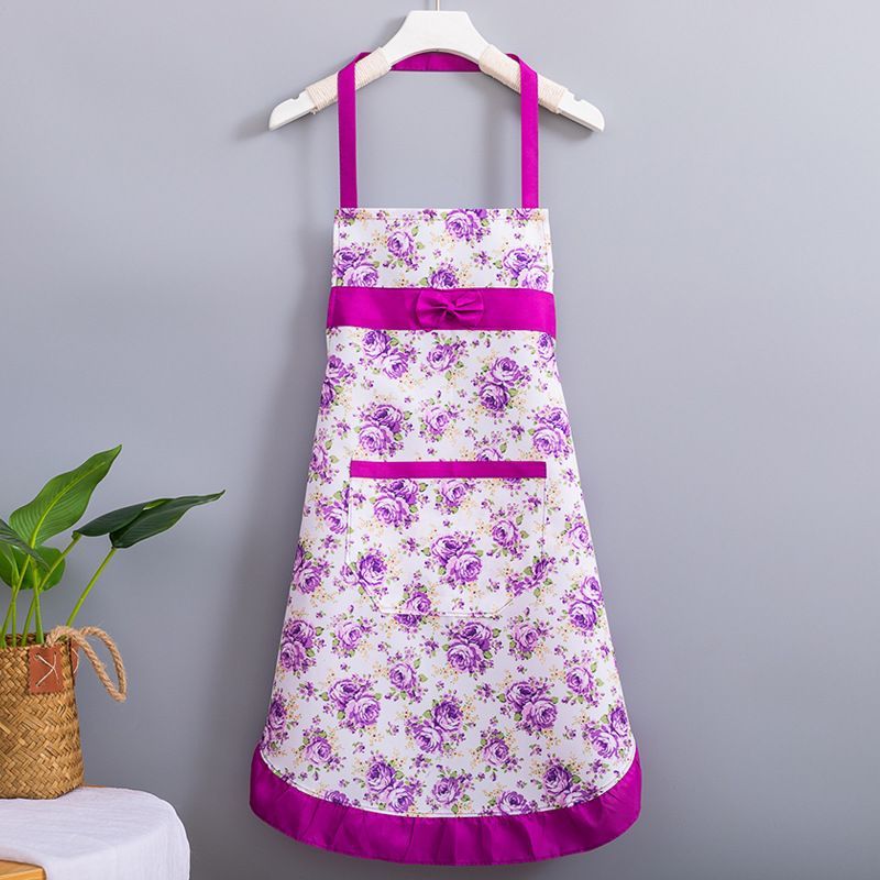 Korean-style apron, floral apron, women's apron, breathable apron, oil-proof apron, kitchen apron, apron set, adjustable apron, gift for cook - Purple - Size M