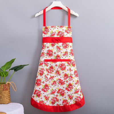 Korean-style apron, floral apron, women's apron, breathable apron, oil-proof apron, kitchen apron, apron set, adjustable apron, gift for cook - Red - Size M