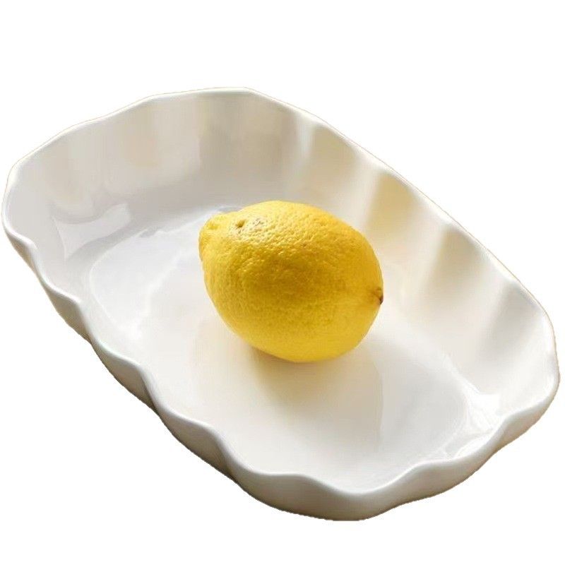 Nordic ceramic plate, 10-inch serving plate, irregular lotus-leaf fluted plate, rectangular serving dish, elegant dinnerware, Australian tableware - White - Size 1PCS