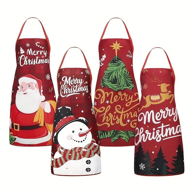 Christmas apron, waterproof apron, oil-resistant apron, festive kitchen decor, holiday cooking apron, Christmas gift idea, Santa apron, snowman apron, reindeer apron, family gathering apron - Christmas - Size 7-4PCS