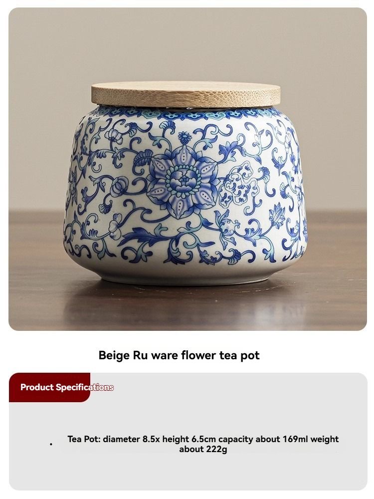 Ru Kiln tea jar, blue-and-white ceramic canister, airtight tea storage, floral tea container, Australian tea accessory - Cyan - Size 10