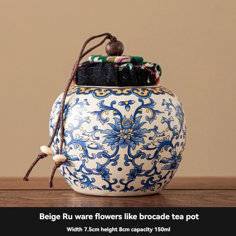Ru Kiln tea jar, blue-and-white ceramic canister, airtight tea storage, floral tea container, Australian tea accessory - Cyan - Size 13