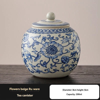 Ru Kiln tea jar, blue-and-white ceramic canister, airtight tea storage, floral tea container, Australian tea accessory - Cyan - Size 14