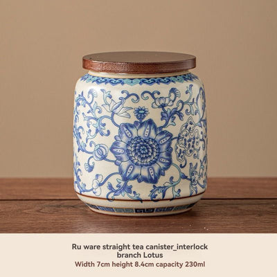 Ru Kiln tea jar, blue-and-white ceramic canister, airtight tea storage, floral tea container, Australian tea accessory - Cyan - Size 3