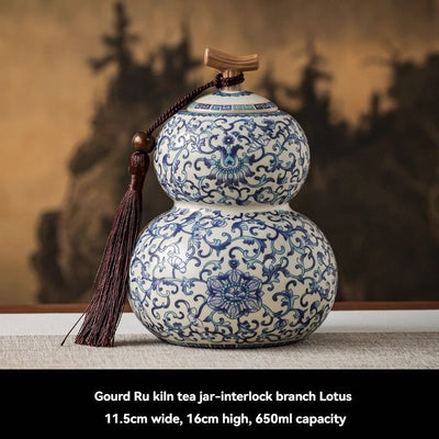 Ru Kiln tea jar, blue-and-white ceramic canister, airtight tea storage, floral tea container, Australian tea accessory - Cyan - Size 6